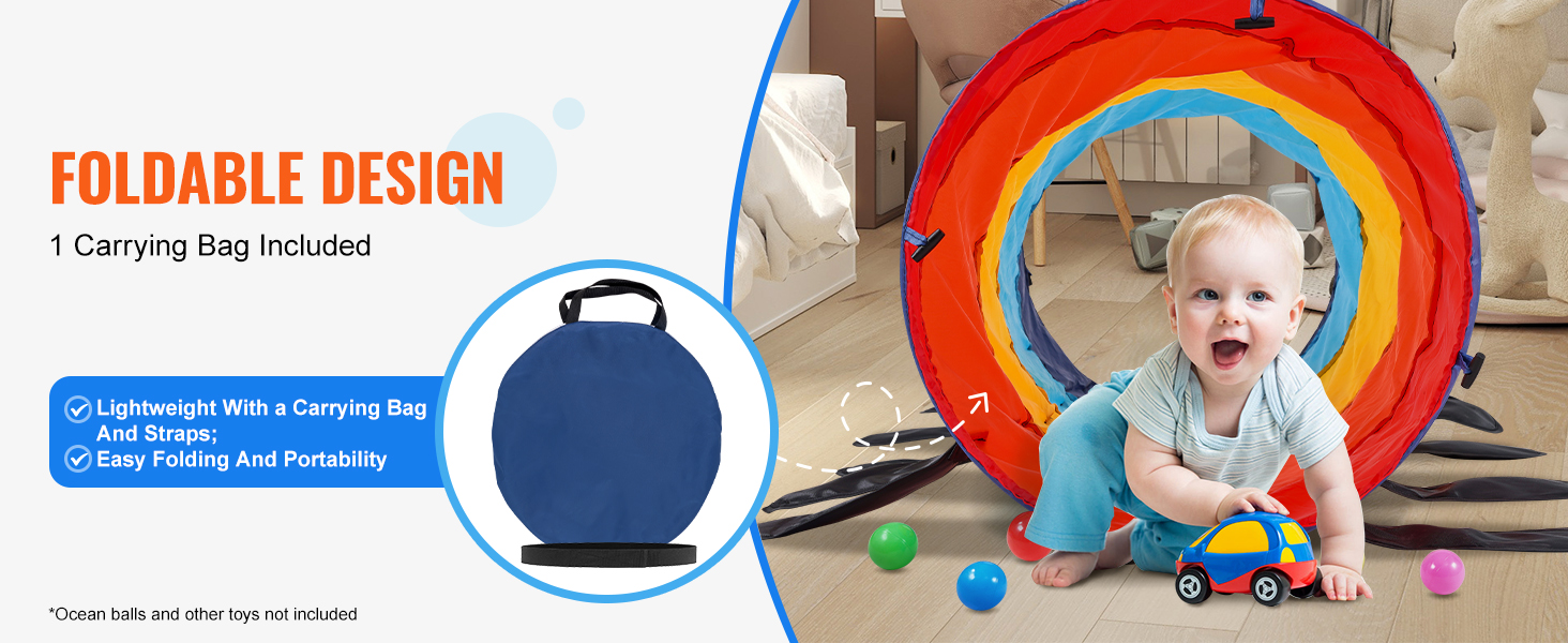 VEVOR kids play tunnel with foldable design, carrying bag, colorful tunnel, and child playing.