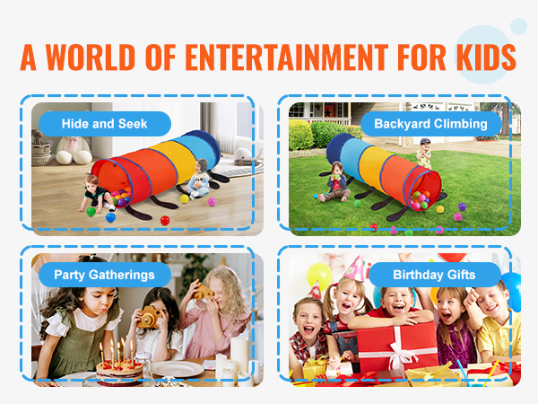VEVOR kids play tunnel for hide and seek, backyard climbing, party gatherings, and birthday gifts.
