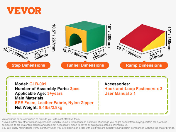 VEVOR foam climbing blocks with step, tunnel, and ramp. dimensions and details. suitable for ages 3+.