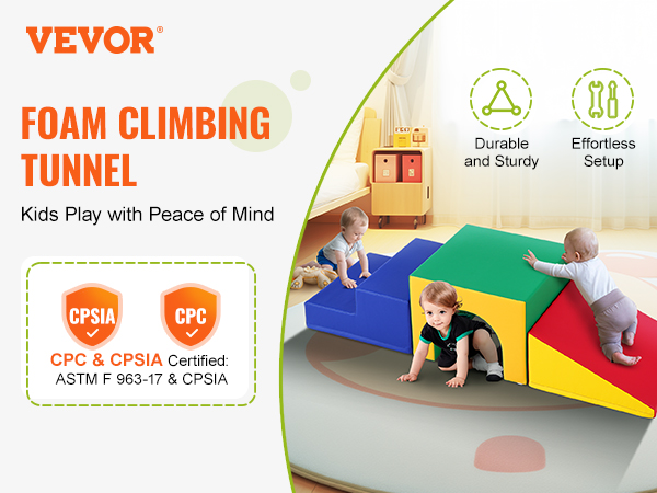 VEVOR foam climbing blocks for kids, colorful playset with tunnel, astm and cpsia certified.