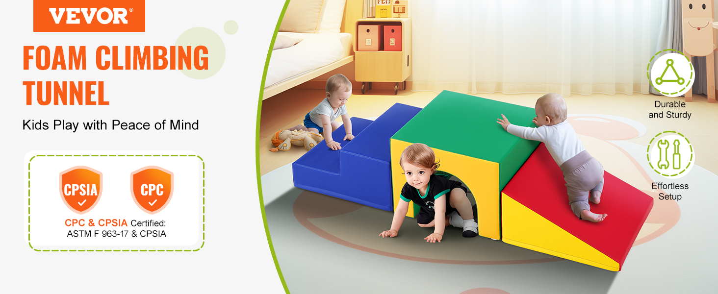 VEVOR foam climbing blocks for kids, colorful playset with tunnel, astm and cpsia certified.