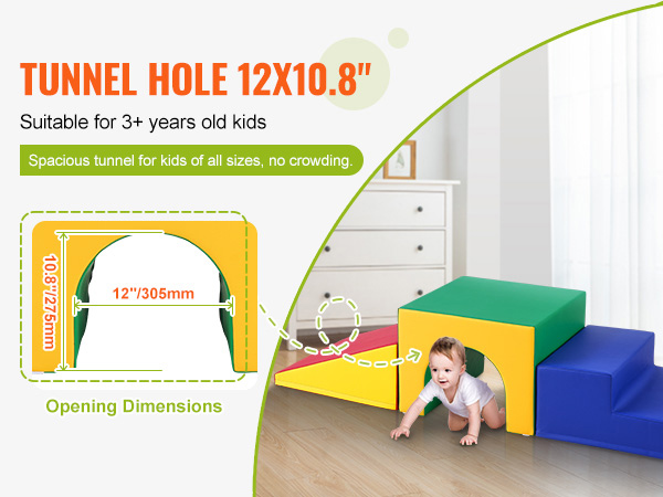 VEVOR foam climbing blocks for 3+ kids, tunnel hole 12" x 10.8", colorful and spacious play set, no crowding.