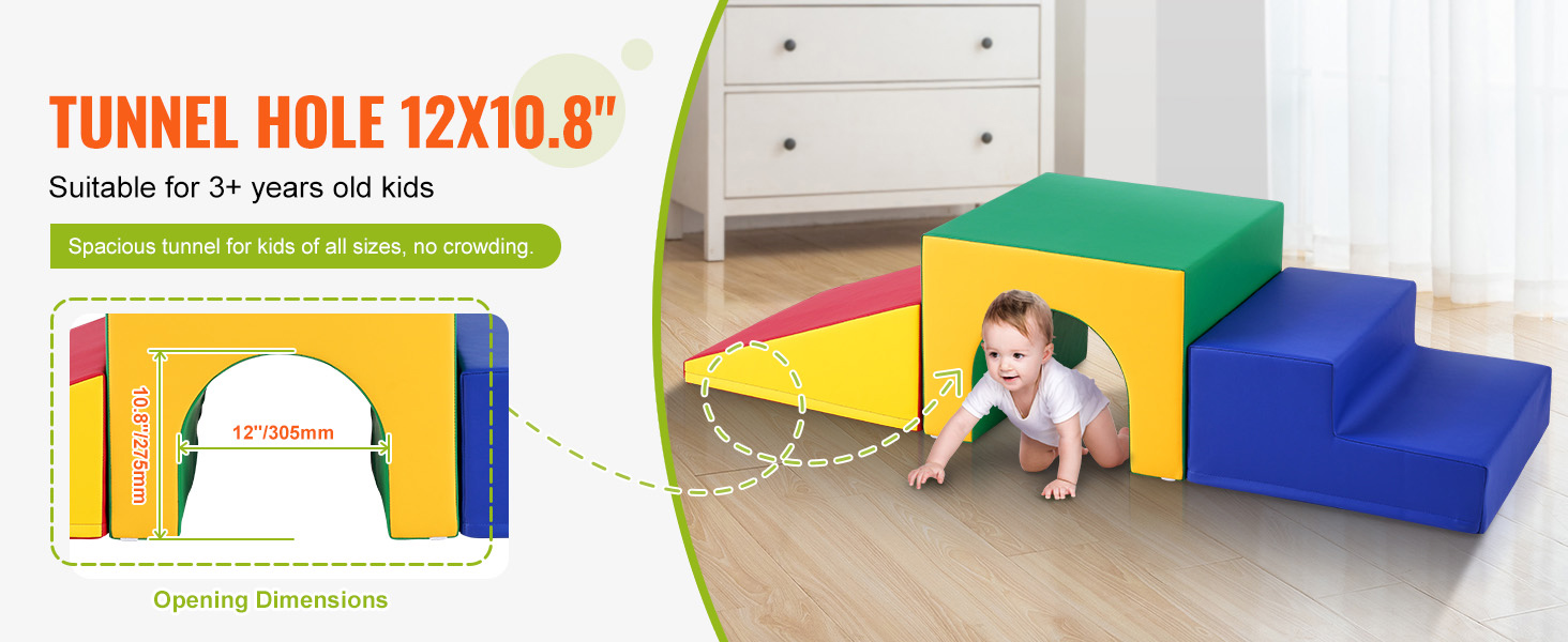 VEVOR foam climbing blocks for 3+ kids, tunnel hole 12" x 10.8", colorful and spacious play set, no crowding.