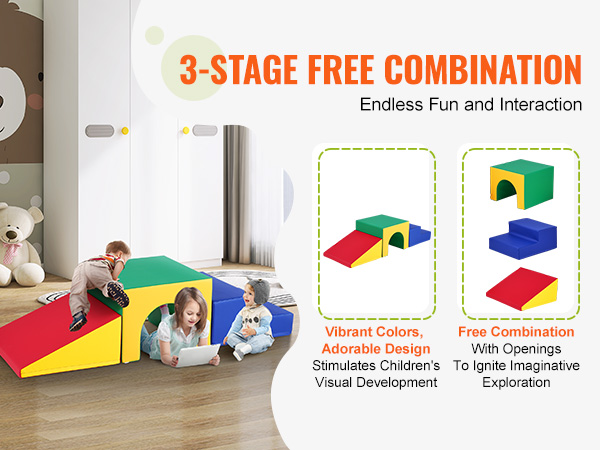children playing with VEVOR foam climbing blocks, showcasing vibrant colors and multiple combinations.