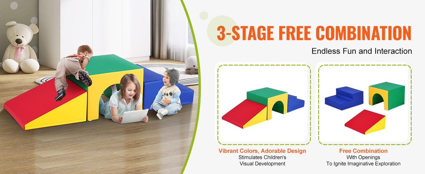 children playing with VEVOR foam climbing blocks, showcasing vibrant colors and multiple combinations.