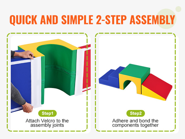 quick and simple 2-step assembly guide for VEVOR foam climbing blocks with colorful components.