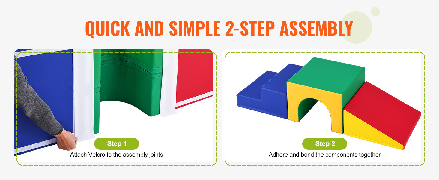 quick and simple 2-step assembly guide for VEVOR foam climbing blocks with colorful components.