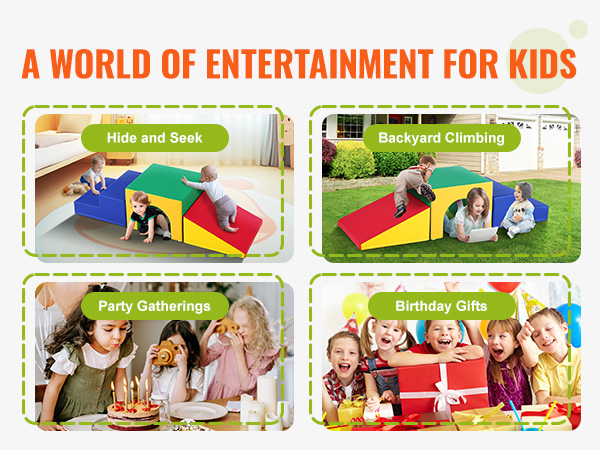 kids enjoying VEVOR foam climbing blocks for hide and seek, backyard climbing, parties, and birthday gifts.