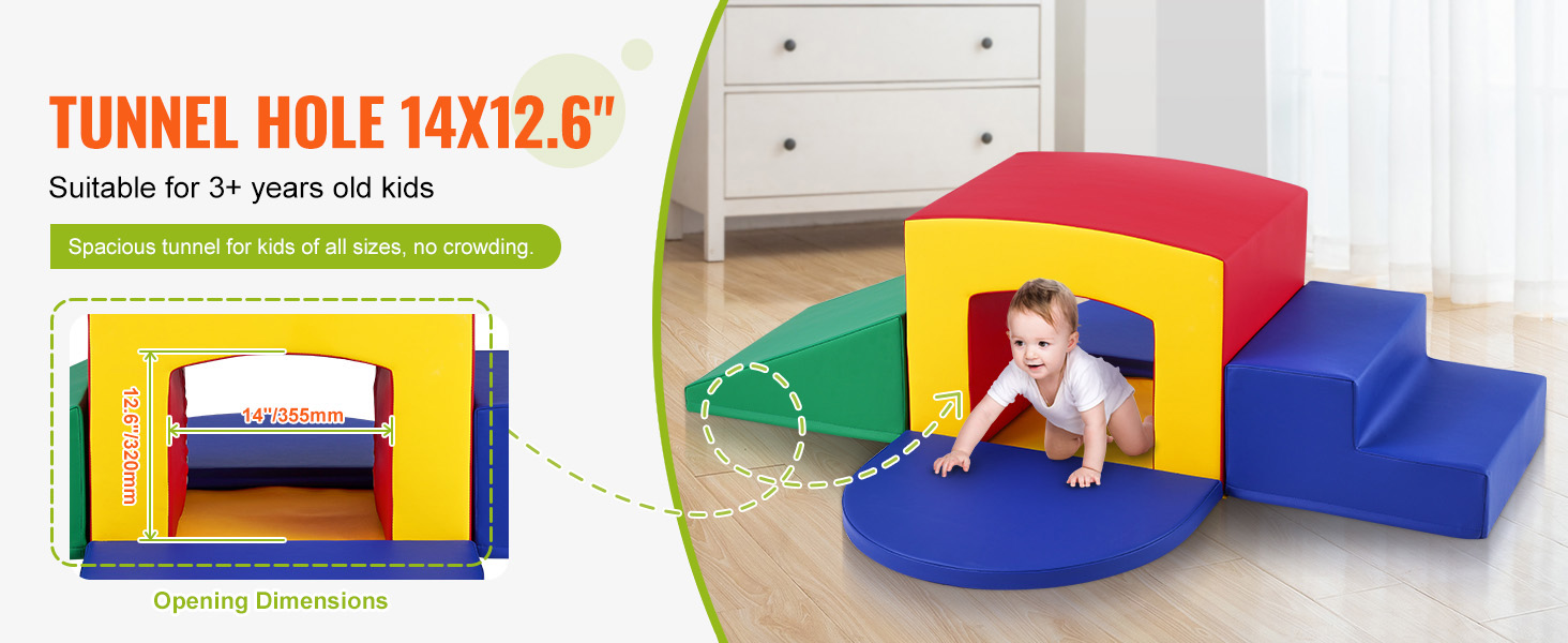 VEVOR toddler climbing toys with tunnel, steps, and ramp in vibrant colors for 3+ year old kids.