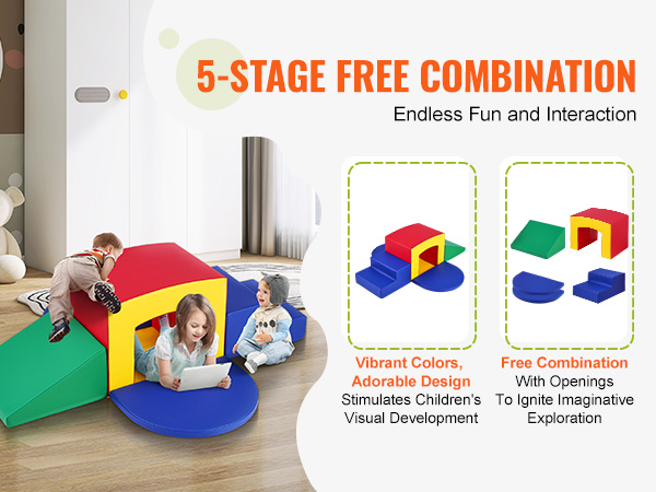 children playing with VEVOR toddler climbing toys in vibrant colors, showcasing 5-stage free combination set.