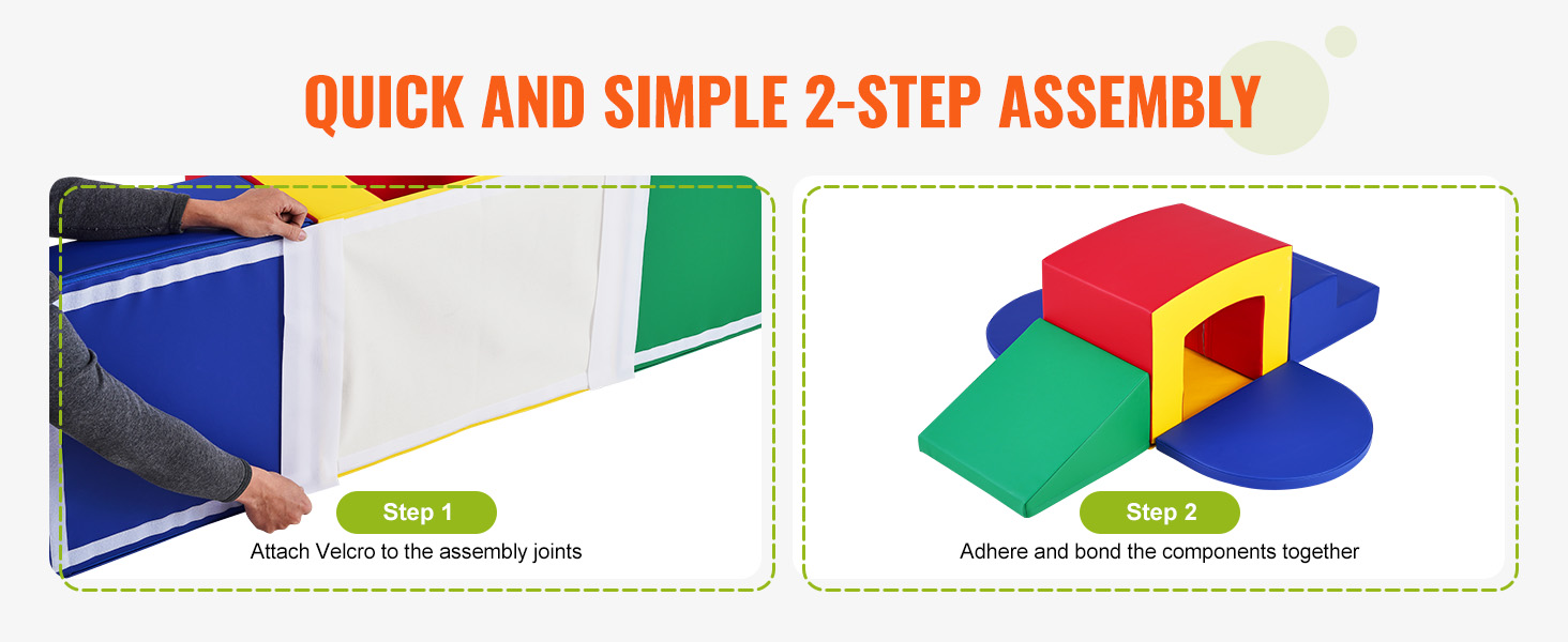 quick and simple 2-step assembly for VEVOR toddler climbing toys with velcro attachment and bonding components.