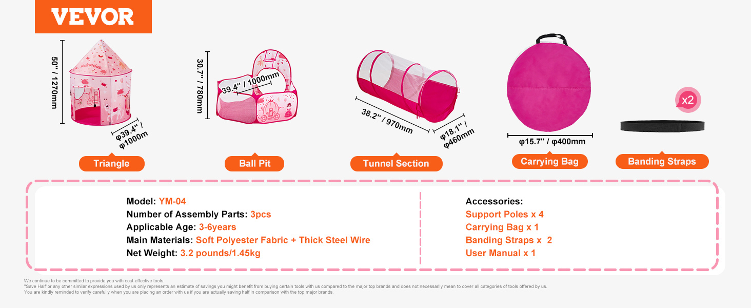 VEVOR kids play tent set includes a triangle tent, ball pit, tunnel, carrying bag, and accessories.