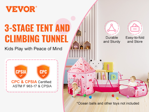 VEVOR kids play tent: 3-stage tent and climbing tunnel, durable, easy to fold, certified cpsia and cpc.