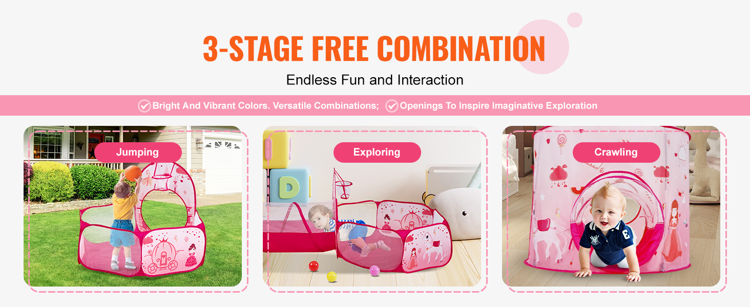 VEVOR kids play tent with bright colors, stages for jumping, exploring, and crawling activities.