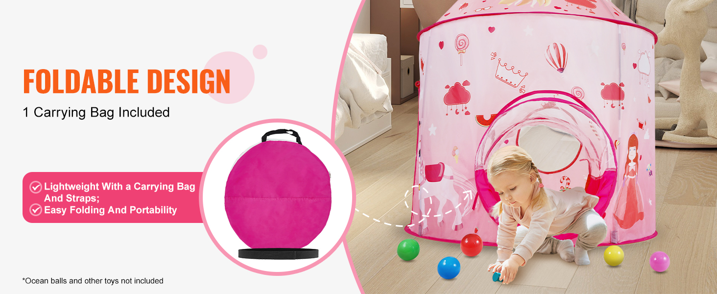 VEVOR kids play tent in a pink design with carrying bag; ideal for indoor fun and easy portability.