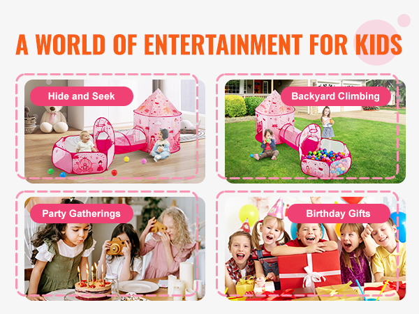 VEVOR kids play tent for hide and seek, backyard climbing, party gatherings, and birthday gifts.