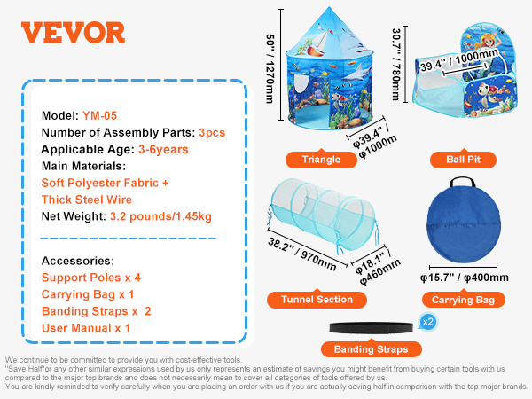 VEVOR kids play tent with ball pit, tunnel section, carrying bag, and banding straps for ages 3-6.