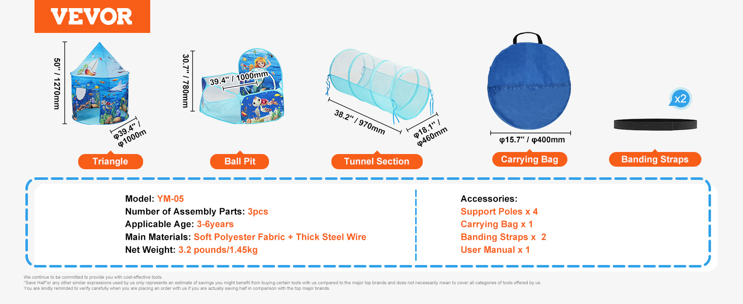 VEVOR kids play tent with ball pit, tunnel section, carrying bag, and banding straps for ages 3-6.