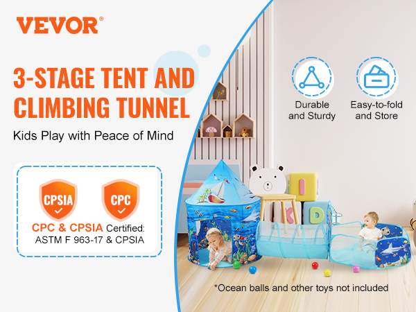 VEVOR kids play tent 3-stage tent and climbing tunnel, durable, foldable, in a colorful playroom.