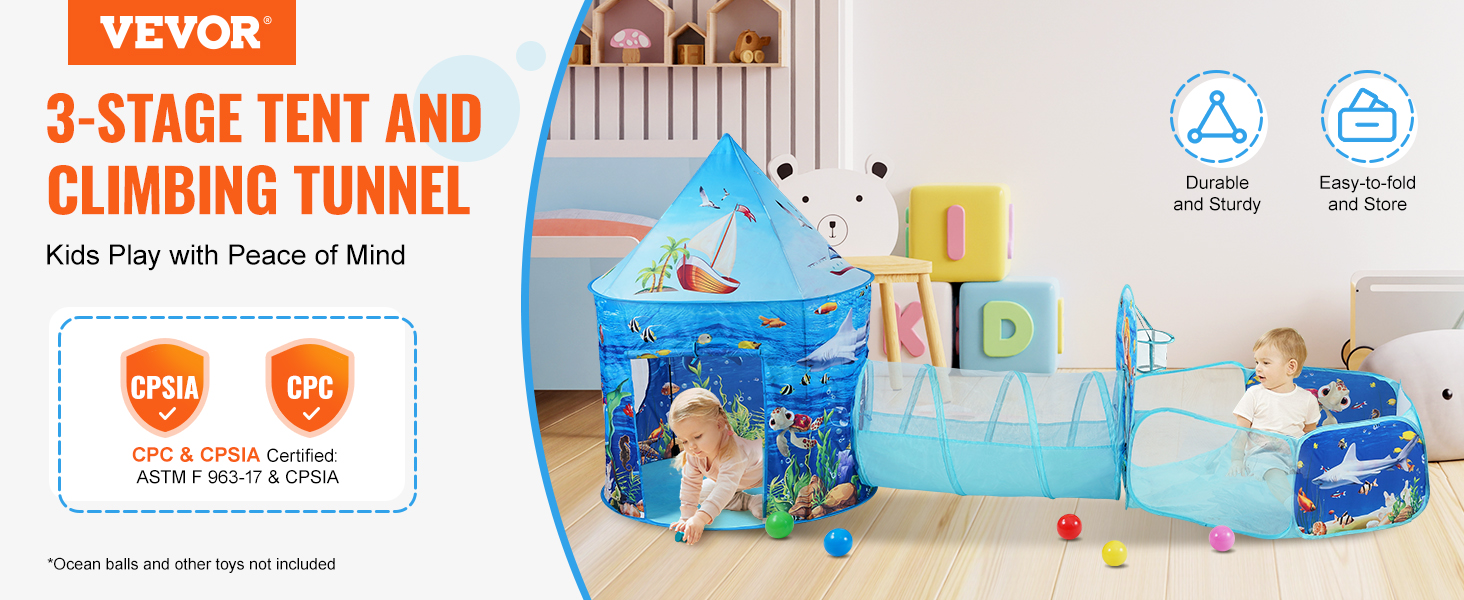 VEVOR kids play tent 3-stage tent and climbing tunnel, durable, foldable, in a colorful playroom.
