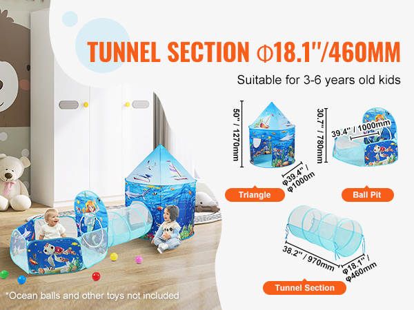 VEVOR kids play tent features a vibrant sea-themed design with a tunnel section and ball pit for ages 3-6.