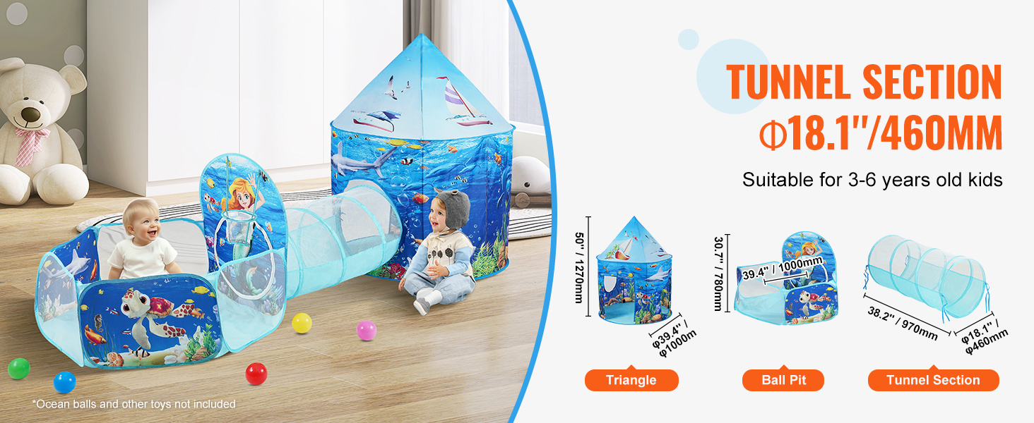VEVOR kids play tent features a vibrant sea-themed design with a tunnel section and ball pit for ages 3-6.