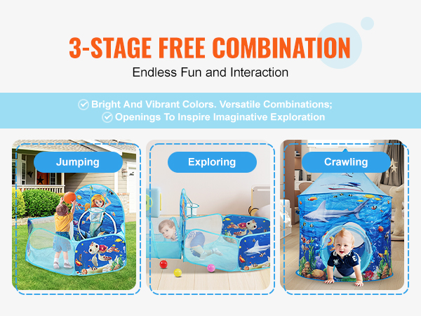 VEVOR kids play tent displaying three stages: jumping, exploring, and crawling. bright and vibrant colors.