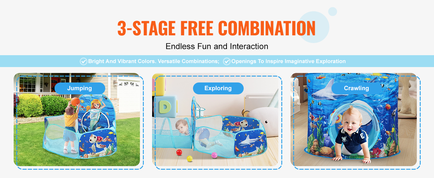 VEVOR kids play tent displaying three stages: jumping, exploring, and crawling. bright and vibrant colors.