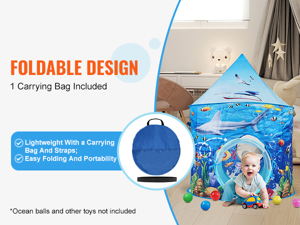 foldable VEVOR kids play tent with ocean design and included carrying bag for easy portability and storage.
