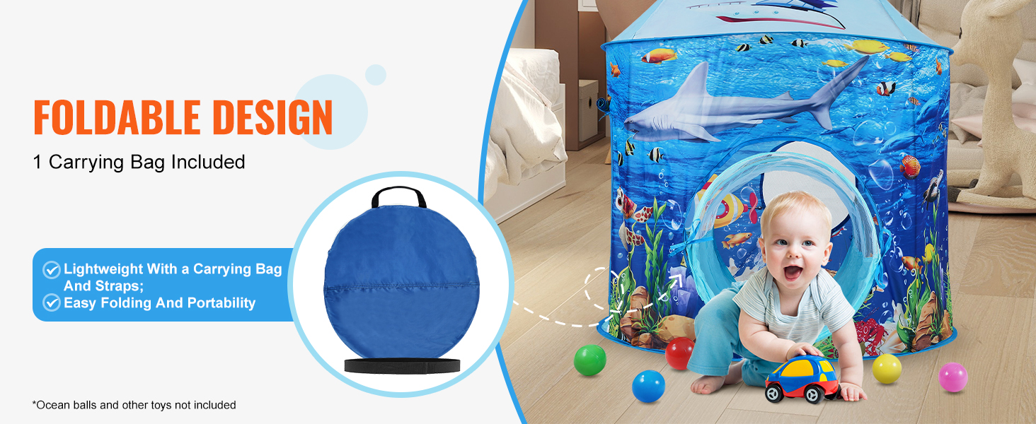 foldable VEVOR kids play tent with ocean design and included carrying bag for easy portability and storage.