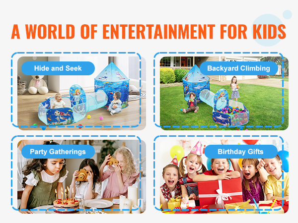 VEVOR kids play tent for hide and seek, backyard climbing, party gatherings, and birthday gifts.