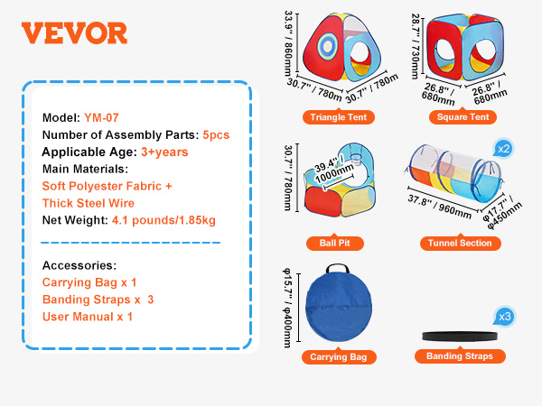 VEVOR kids play tent features triangle tent, square tent, ball pit, tunnel, carrying bag, and banding straps.