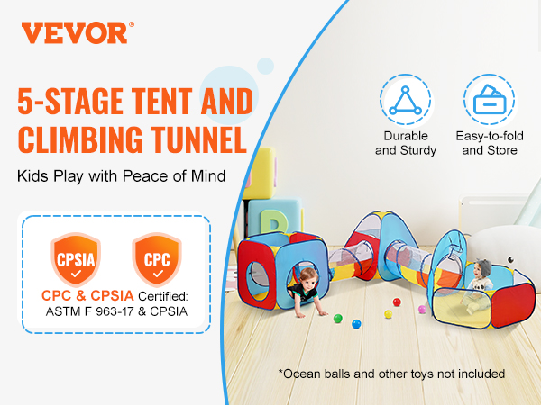 VEVOR kids play tent 5-stage with tunnel, colorful design, certified durable and easy to fold and store.