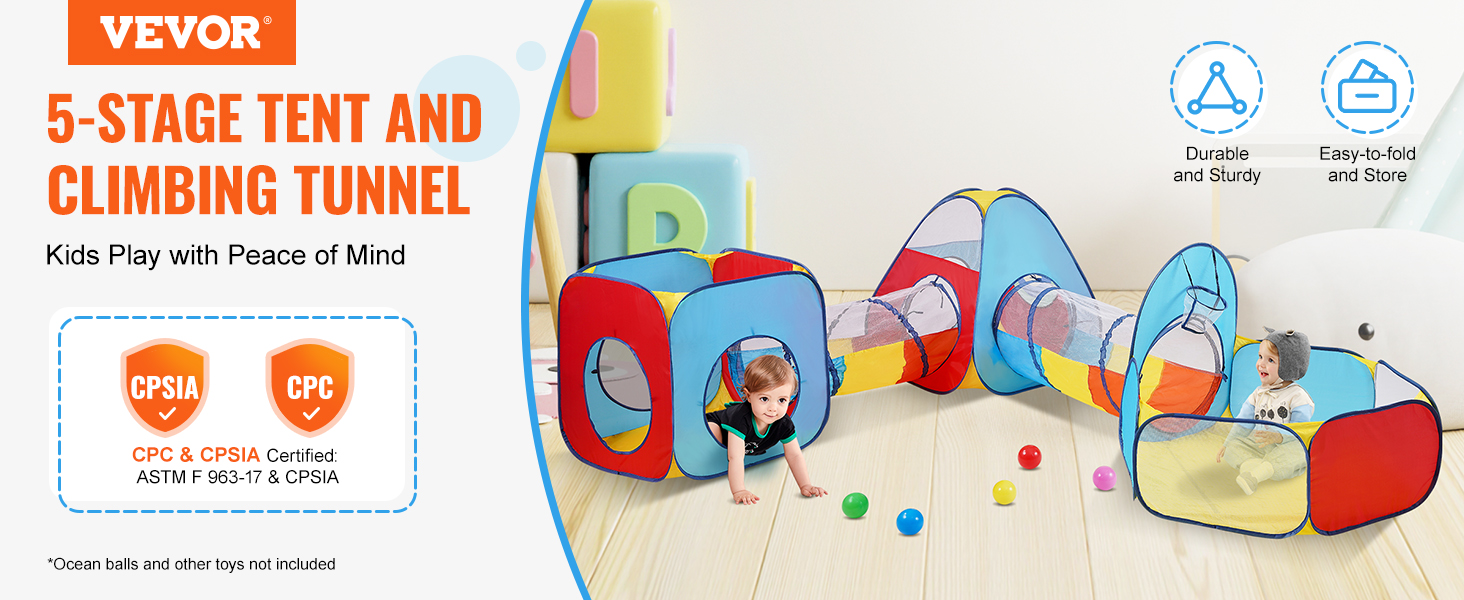 VEVOR kids play tent 5-stage with tunnel, colorful design, certified durable and easy to fold and store.