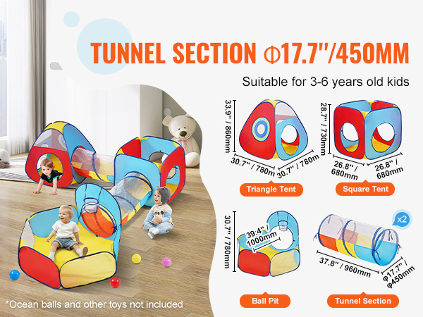 VEVOR kids play tent set with triangle tent, square tent, ball pit, and tunnel sections for fun play.