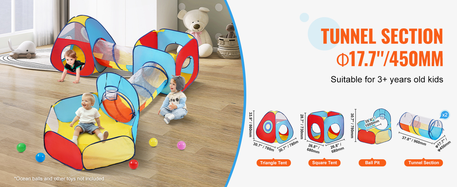 VEVOR kids play tent set with triangle tent, square tent, ball pit, and tunnel sections for fun play.