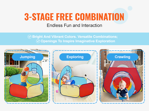 3-stage VEVOR kids play tent for jumping, exploring, crawling; vibrant colors, versatile combinations.