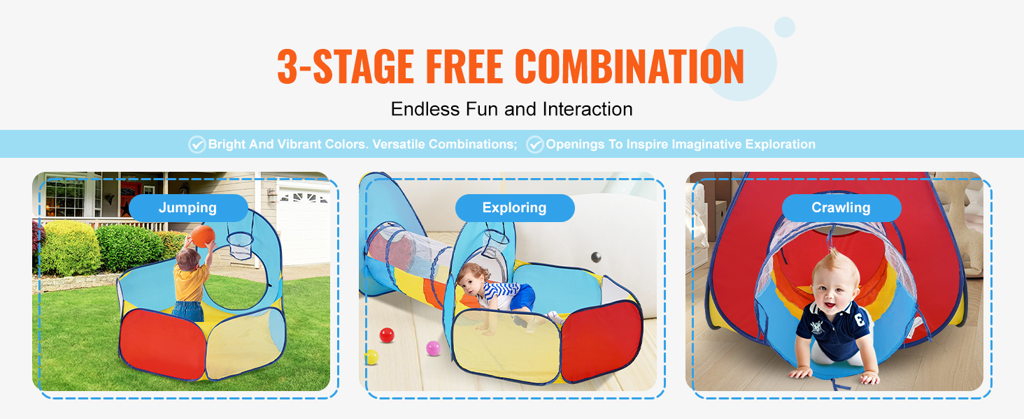 3-stage VEVOR kids play tent for jumping, exploring, crawling; vibrant colors, versatile combinations.