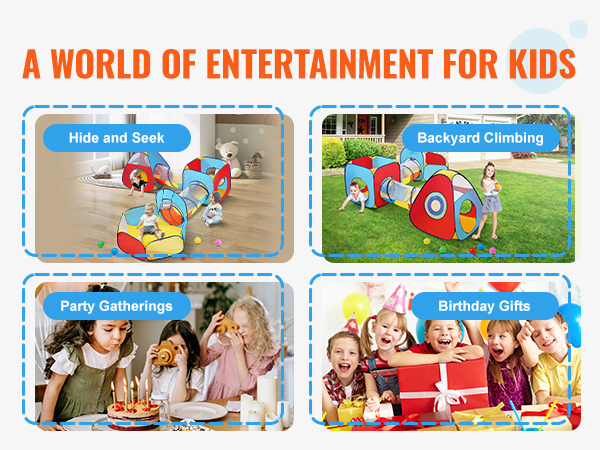 a world of entertainment for kids featuring VEVOR kids play tent for hide and seek, backyard climbing