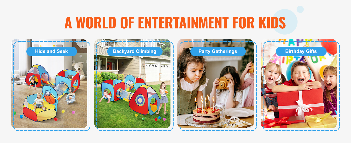 a world of entertainment for kids featuring VEVOR kids play tent for hide and seek, backyard climbing