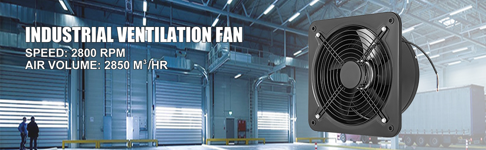 VEVOR ventilation extractor fan in large industrial warehouse, 2800 rpm, 2850 m³/hr air volume.