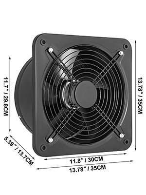 black VEVOR ventilation extractor with grille, dimensions labeled on each side.