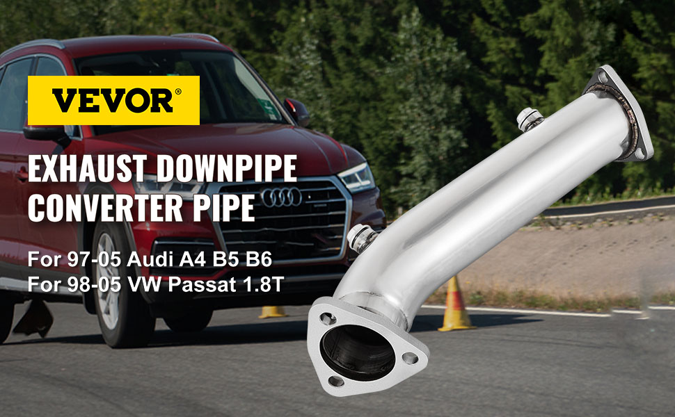 VEVOR downpipe exhaust for audi a4 b5 b6 and vw passat 1.8t on a road.