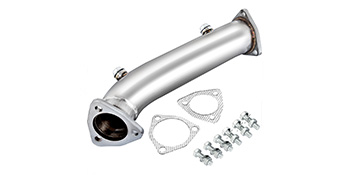 VEVOR downpipe exhaust with gaskets and bolts on a white background.