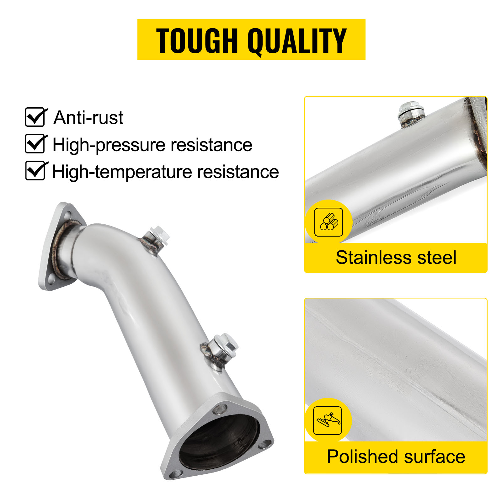 VEVOR downpipe exhaust: stainless steel, high-pressure, and high-temperature resistant.