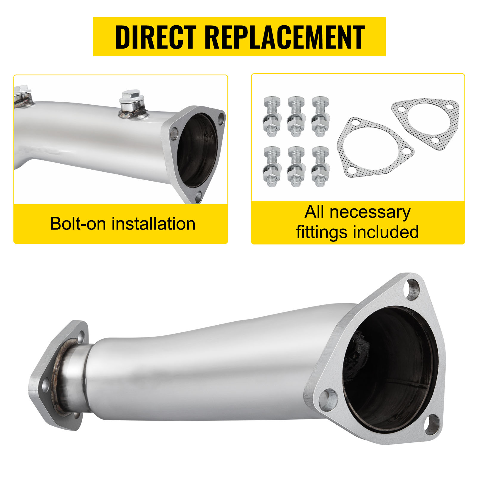 VEVOR downpipe exhaust with bolt-on installation and all necessary fittings included.