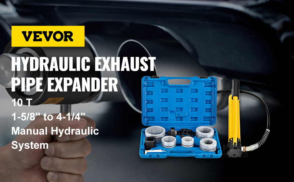VEVOR hydraulic exhaust pipe expander with manual hydraulic system and tools in a case.