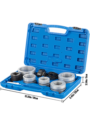 VEVOR hydraulic exhaust pipe expander in blue carrying case with various-sized expanders.