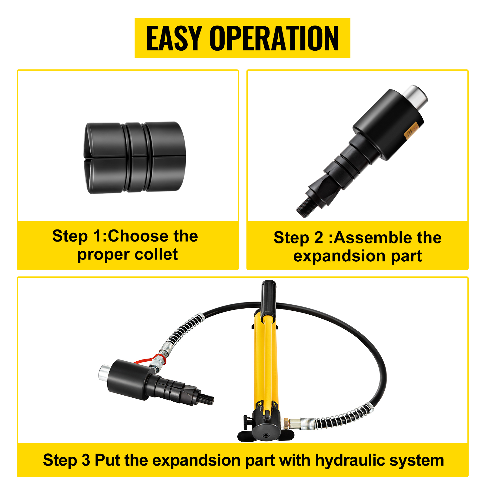 VEVOR hydraulic exhaust pipe expander easy operation steps with collet and hydraulic system.