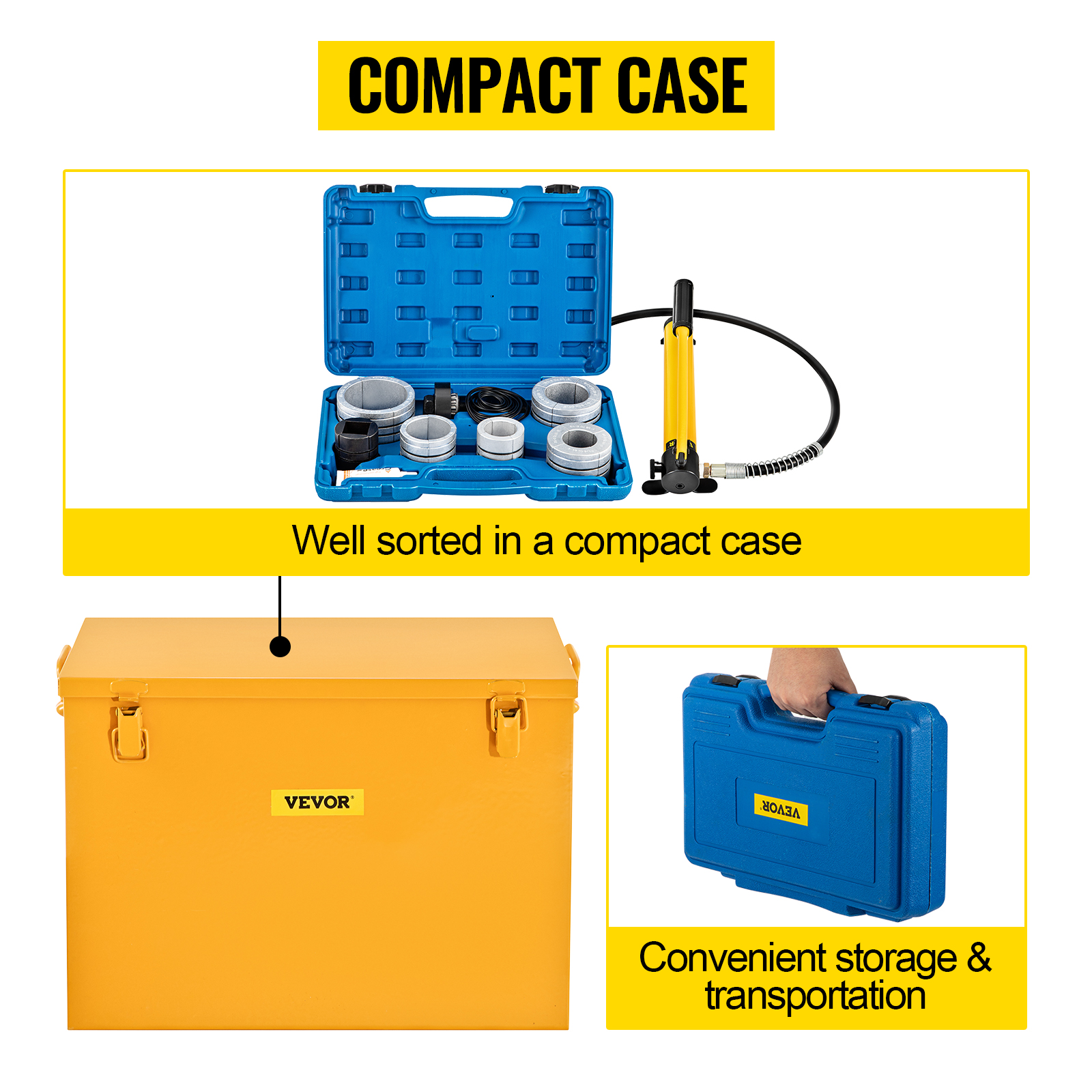 VEVOR hydraulic exhaust pipe expander in a compact, well-sorted blue storage case.